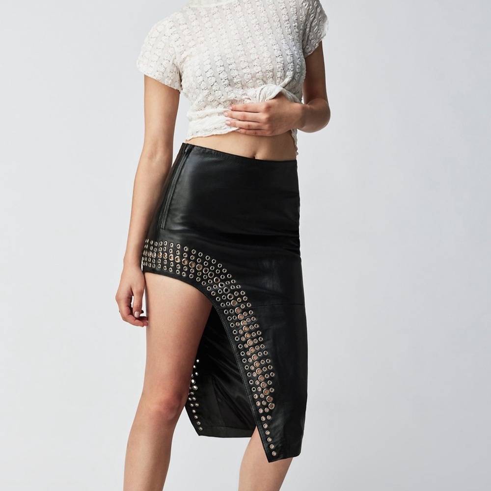 Elegant Black Leather Pencil Skirt with Stud Accents